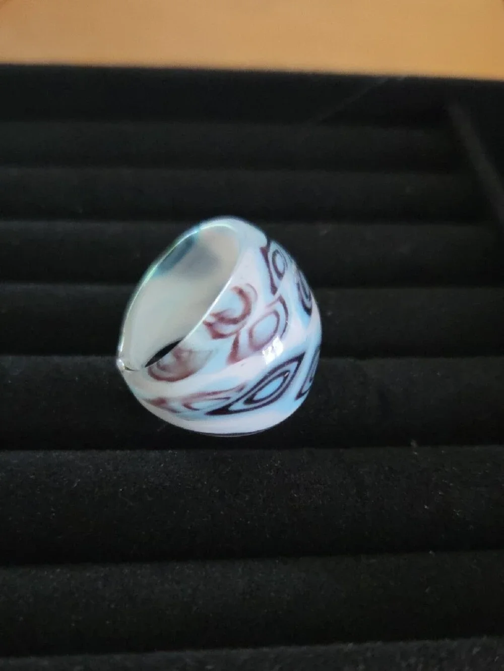 Glass Dome Statement Ring with Black, Blue Geometric Pattern Sz 7